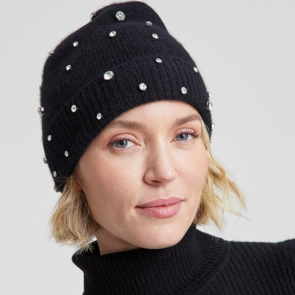 NWT Charter Club Women\'s Cashmere Crystal Embellished Black Hat OS